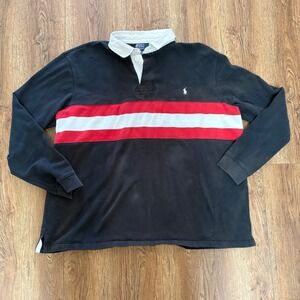 Polo Ralph Lauren Shirt Mens 3XLT Black Red Stripe Rugby Long Sleeve y2k Flaw